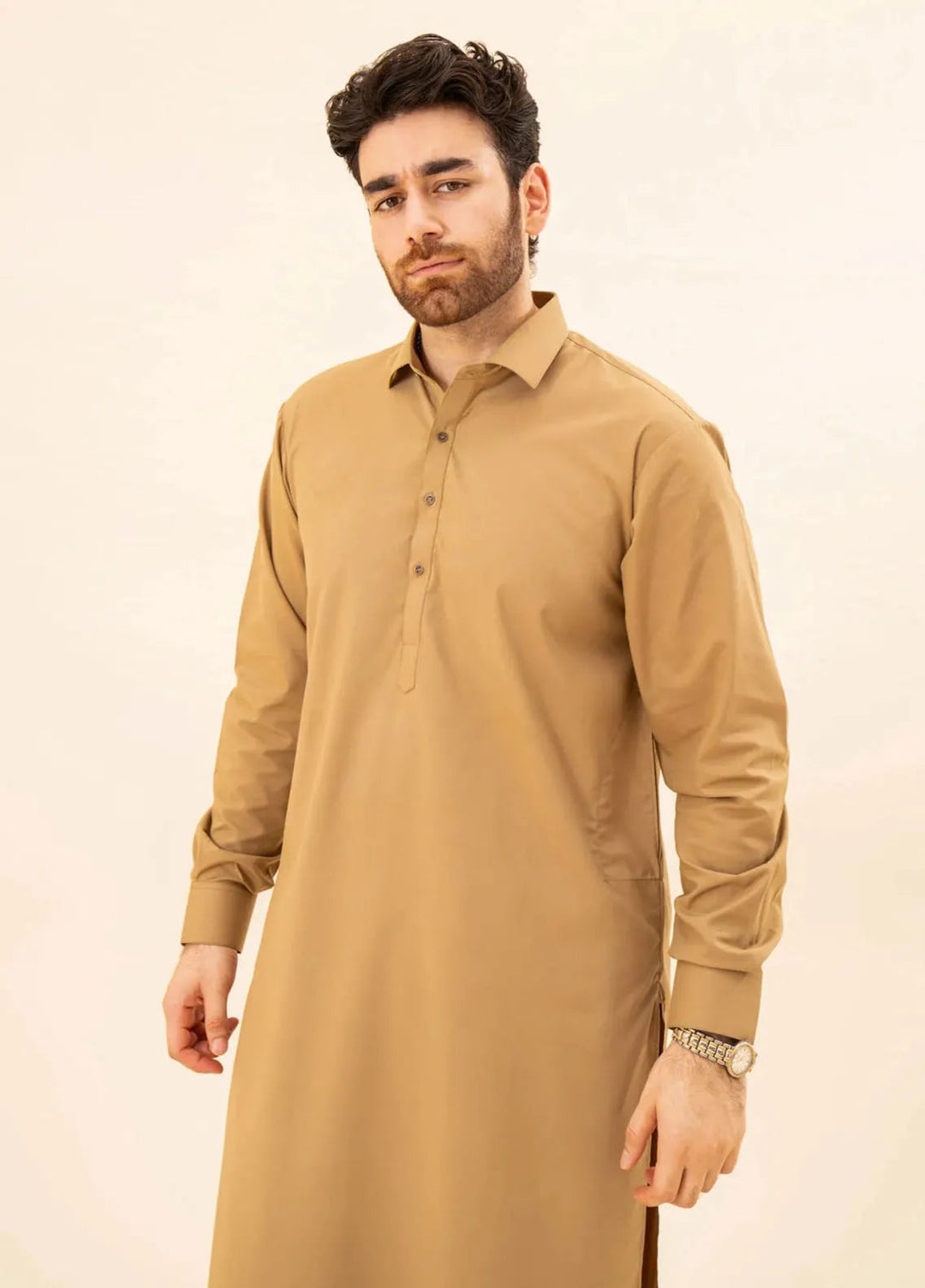 Muraqsh Blended Plain Mens Shalwar Kameez - Camel French Collar