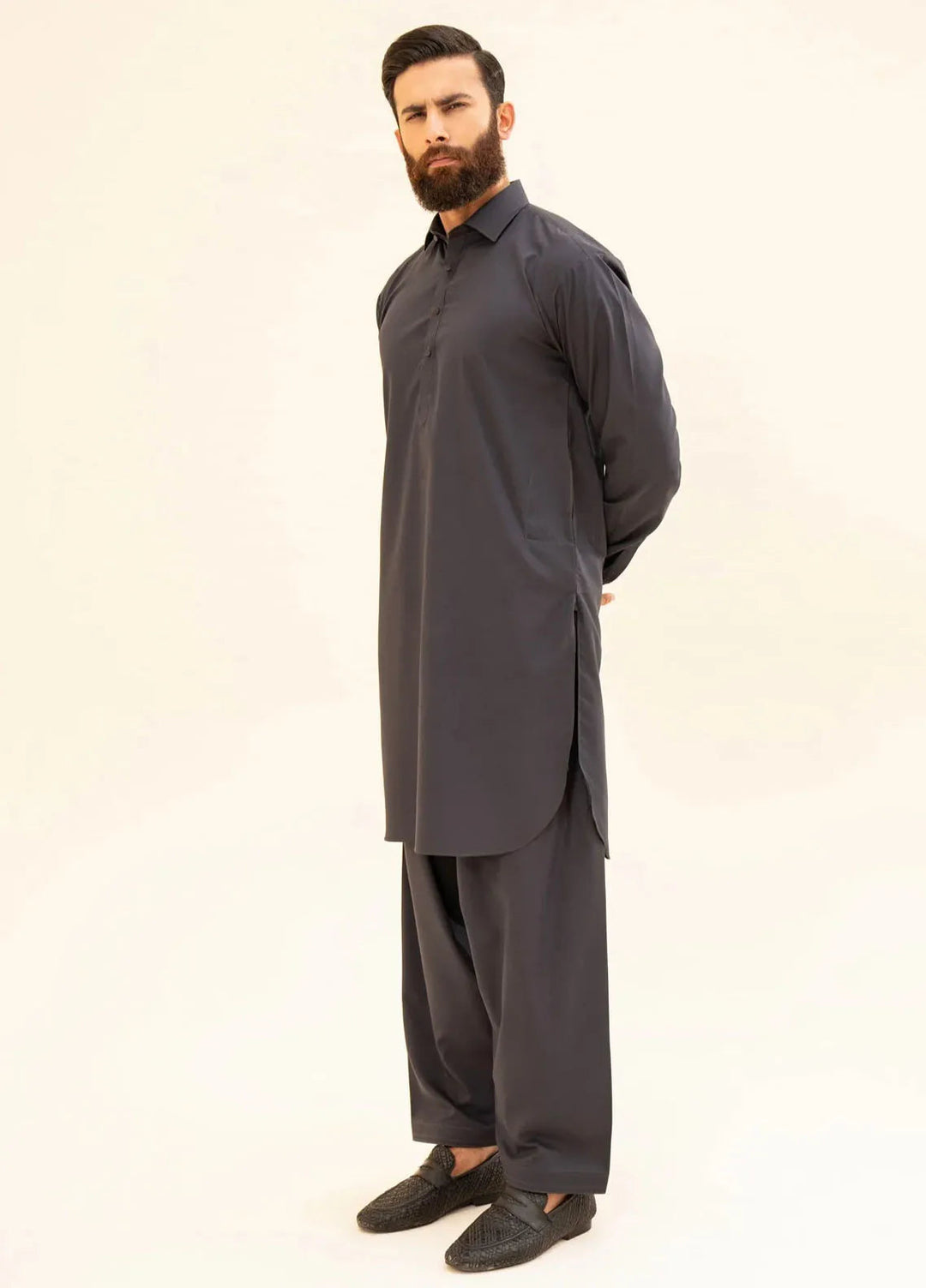 Muraqsh Blended Plain Mens Shalwar Kameez - Charcoal Grey French Collar
