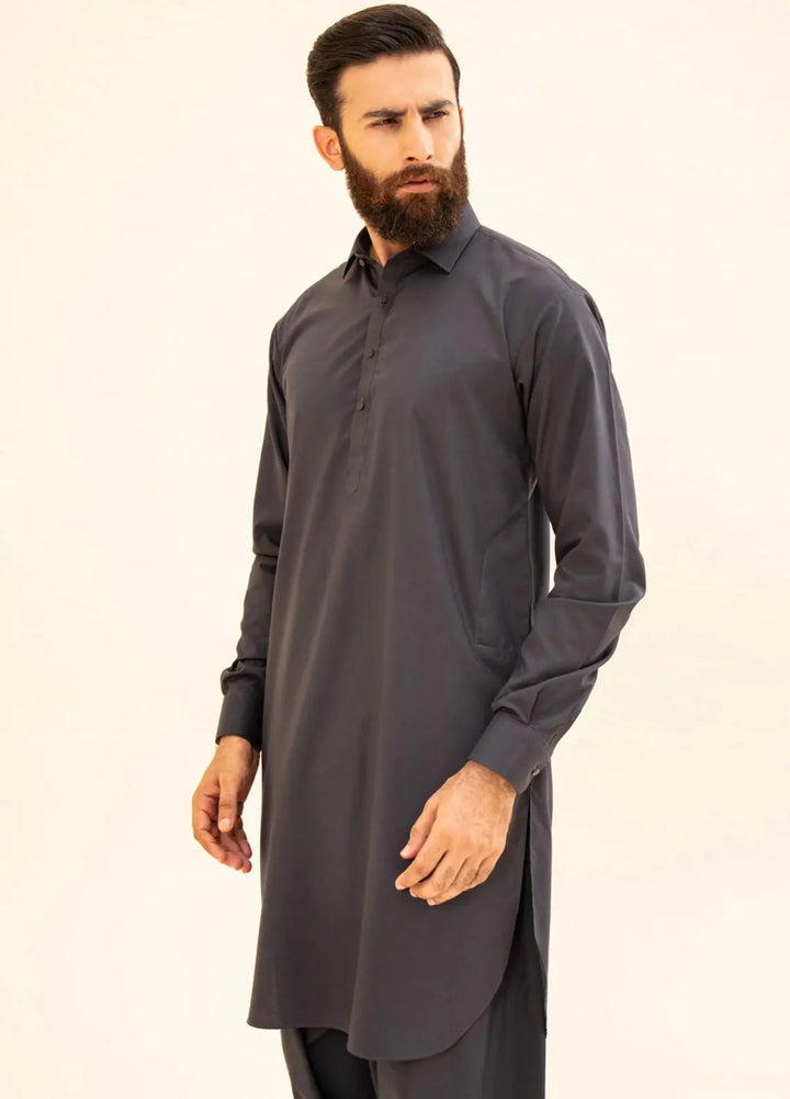 Muraqsh Blended Plain Mens Shalwar Kameez - Charcoal Grey French Collar