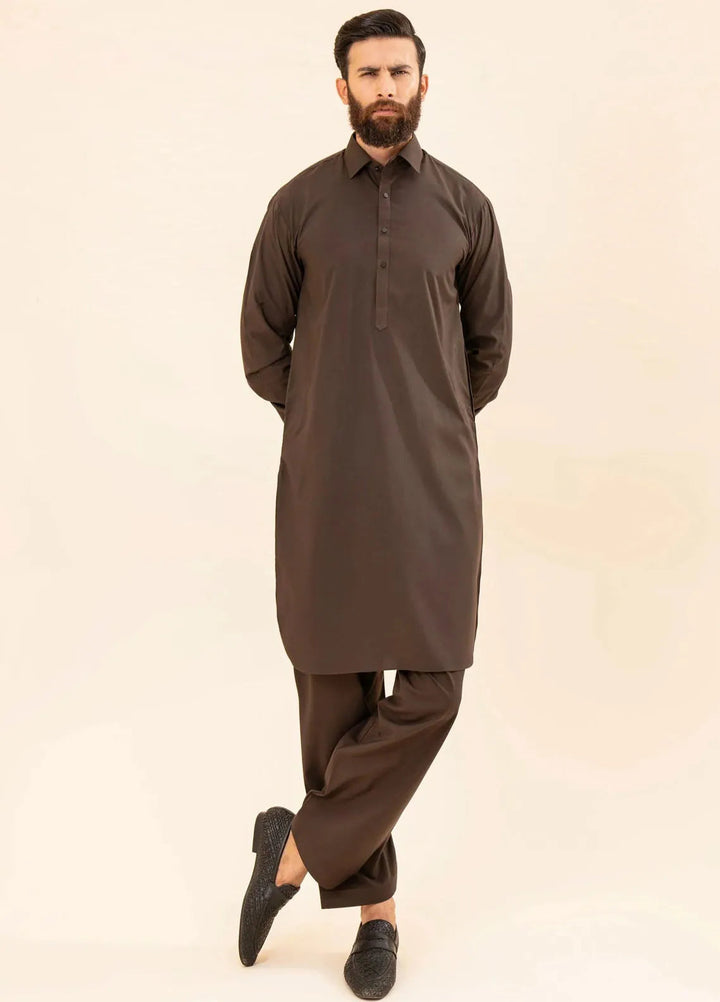 Muraqsh Blended Plain Mens Shalwar Kameez - Dark Brown French Collar