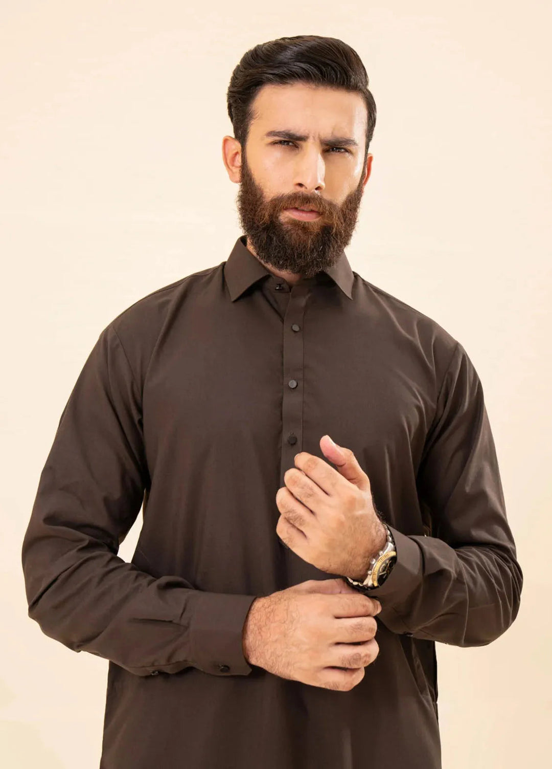 Muraqsh Blended Plain Mens Shalwar Kameez - Dark Brown French Collar