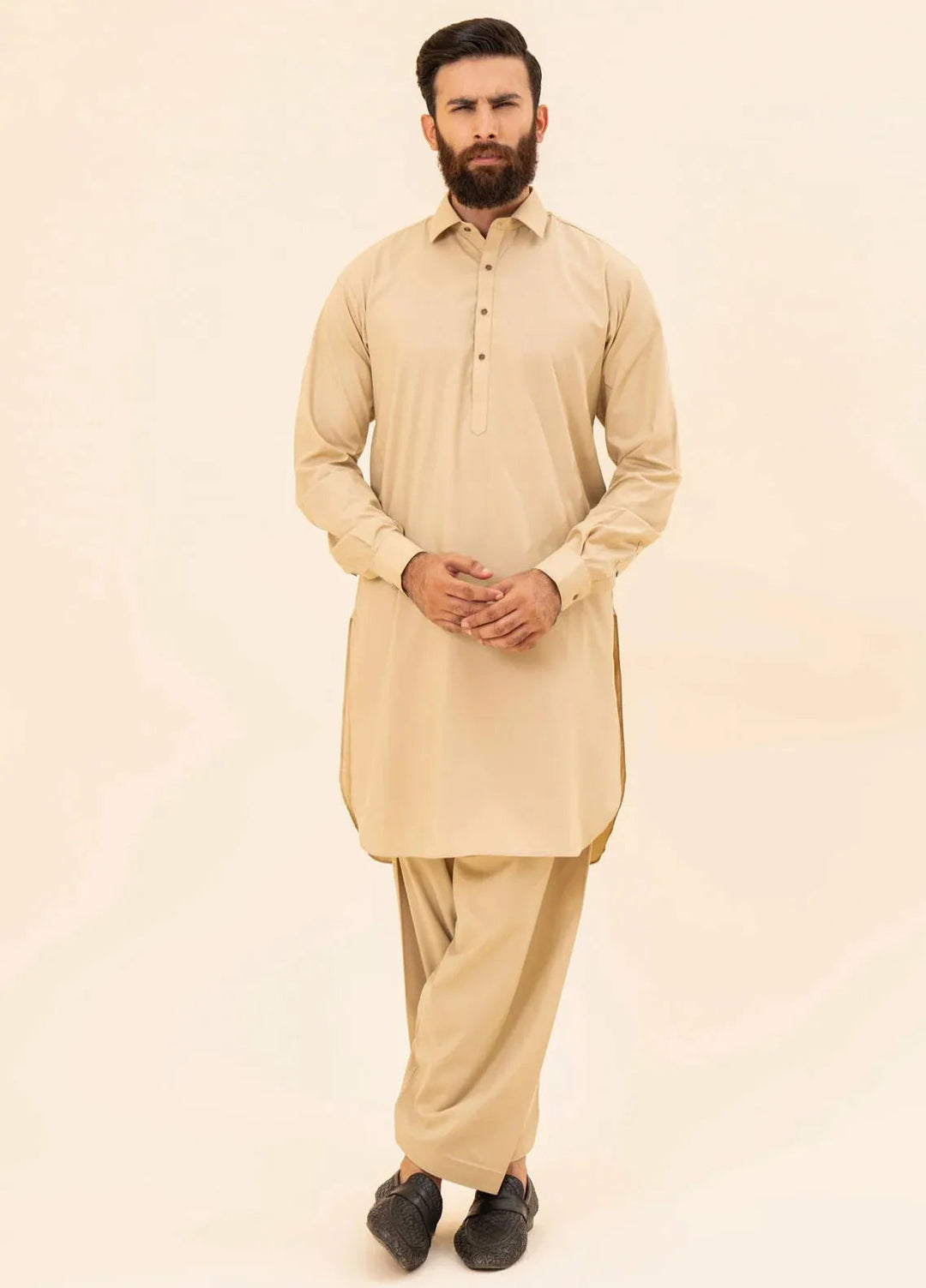 Muraqsh Blended Plain Mens Shalwar Kameez - Ivory French Collar