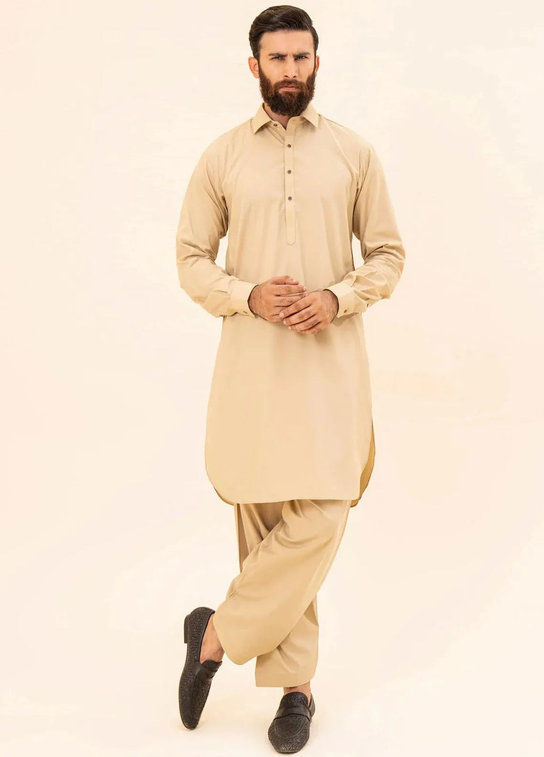 Muraqsh Blended Plain Mens Shalwar Kameez - Ivory French Collar