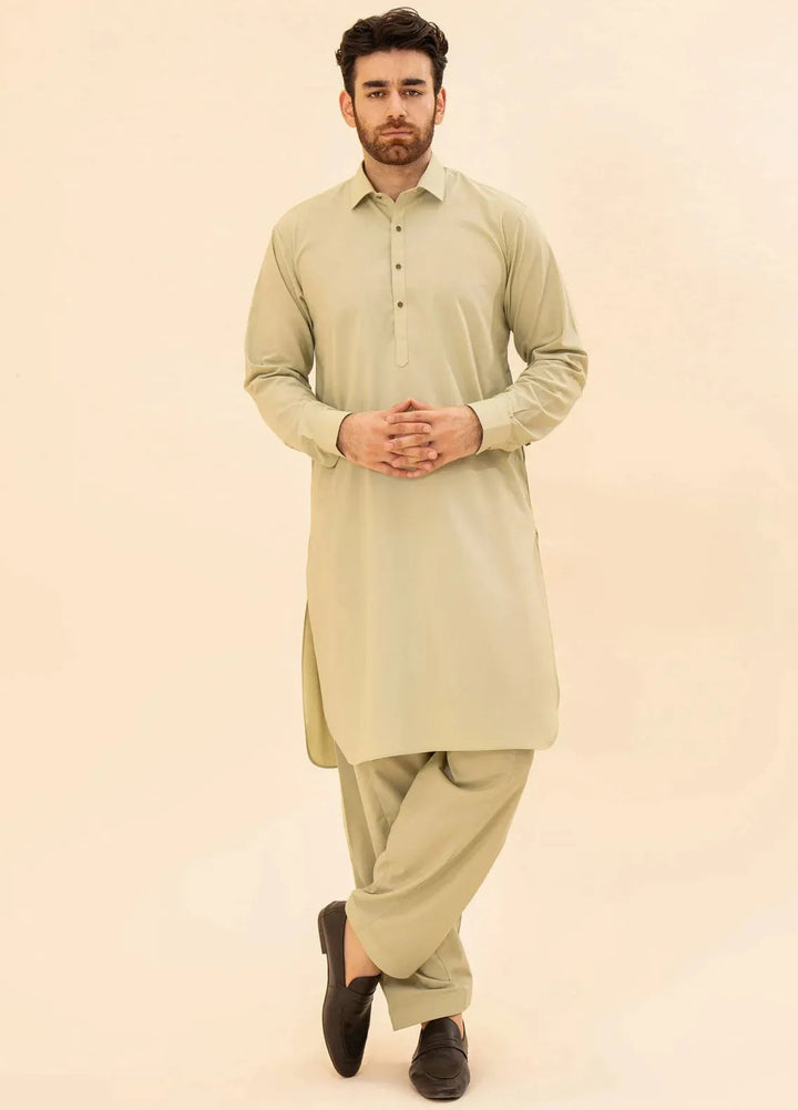 Muraqsh Blended Plain Mens Shalwar Kameez - Mint French Collar