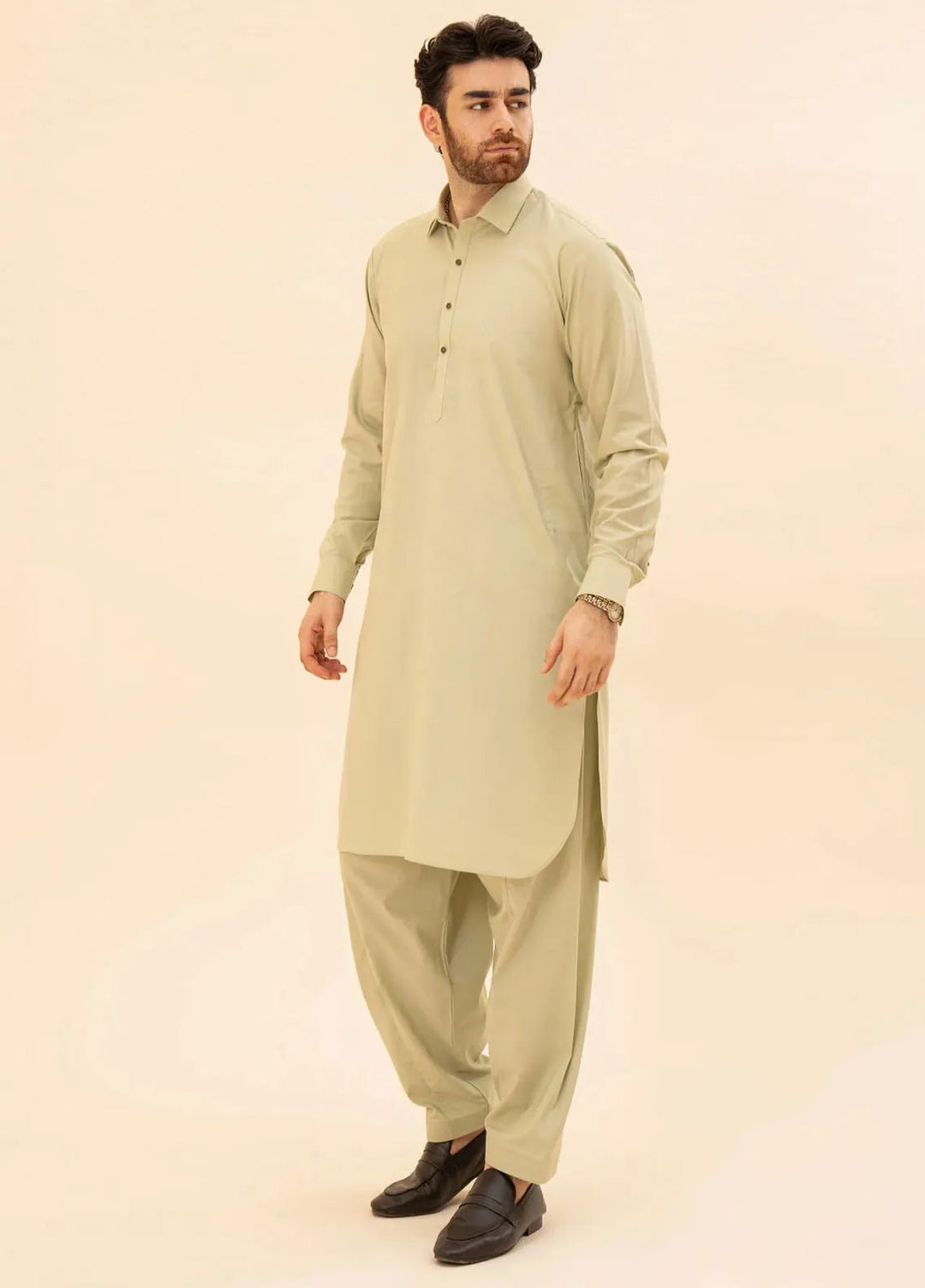 Muraqsh Blended Plain Mens Shalwar Kameez - Mint French Collar