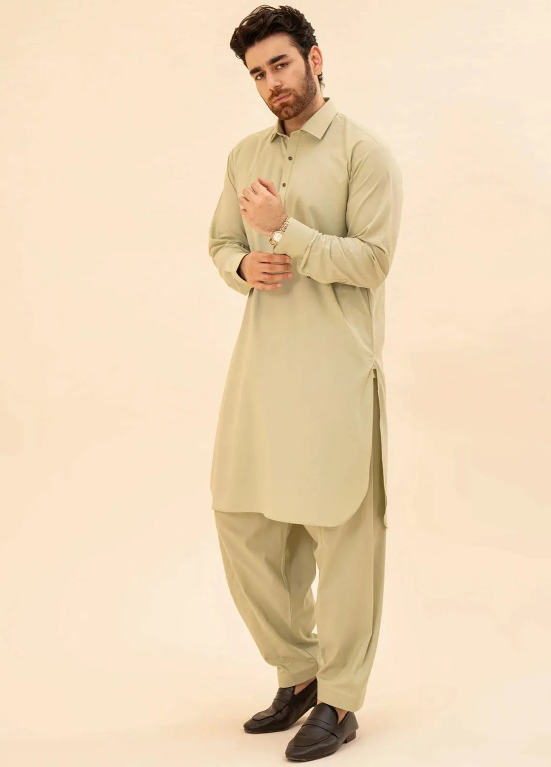 Muraqsh Blended Plain Mens Shalwar Kameez - Mint French Collar