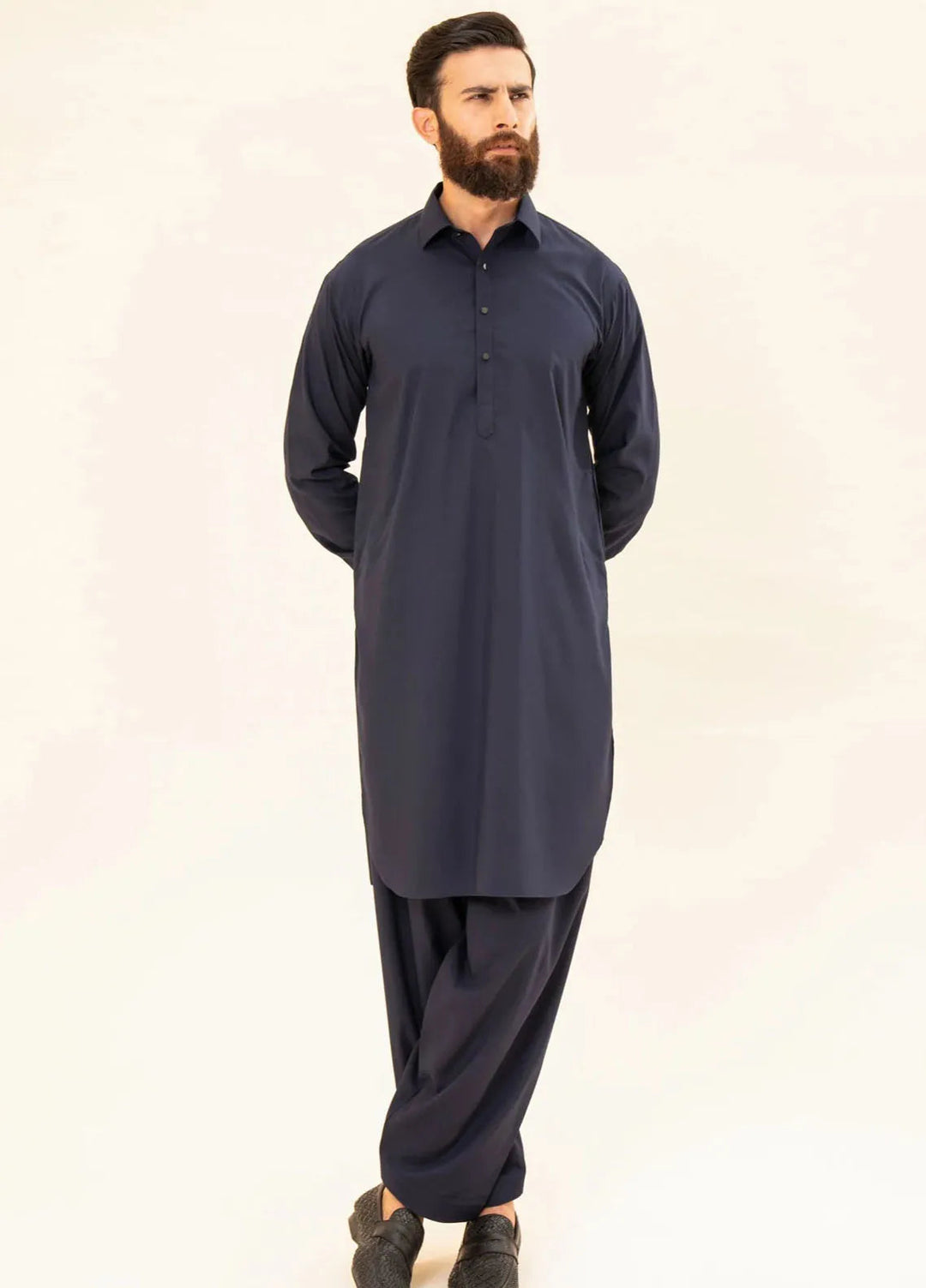 Muraqsh Blended Plain Mens Shalwar Kameez - Navy Blue French Collar
