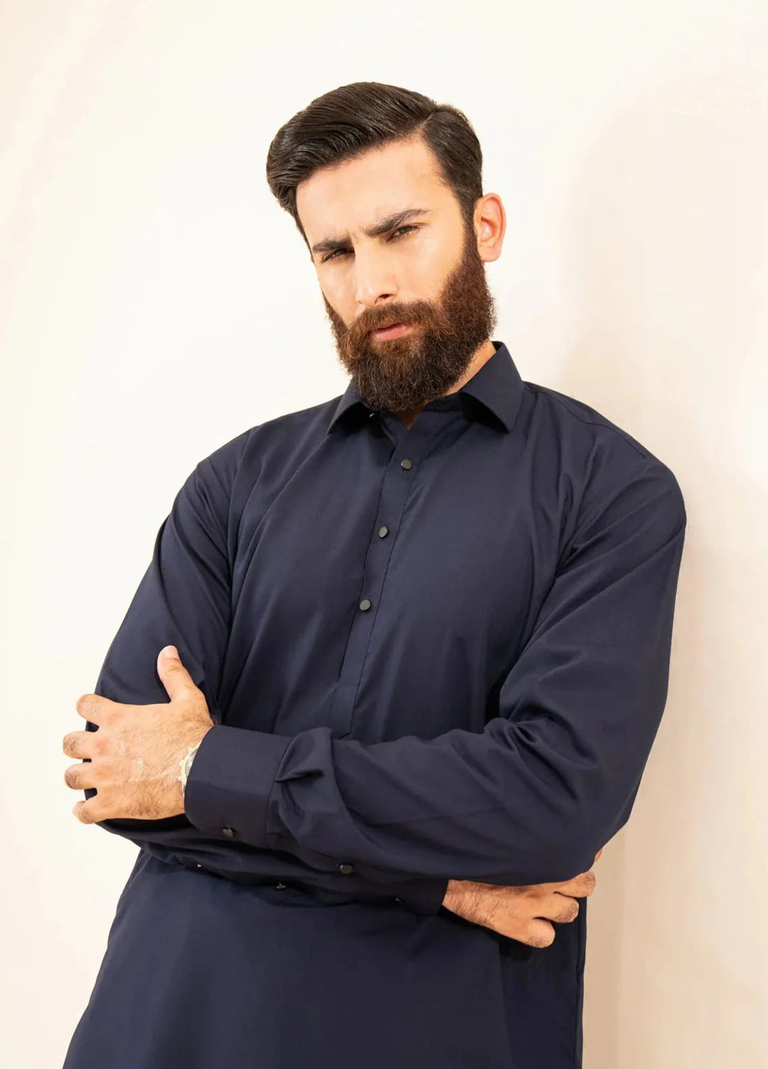 Muraqsh Blended Plain Mens Shalwar Kameez - Navy Blue French Collar