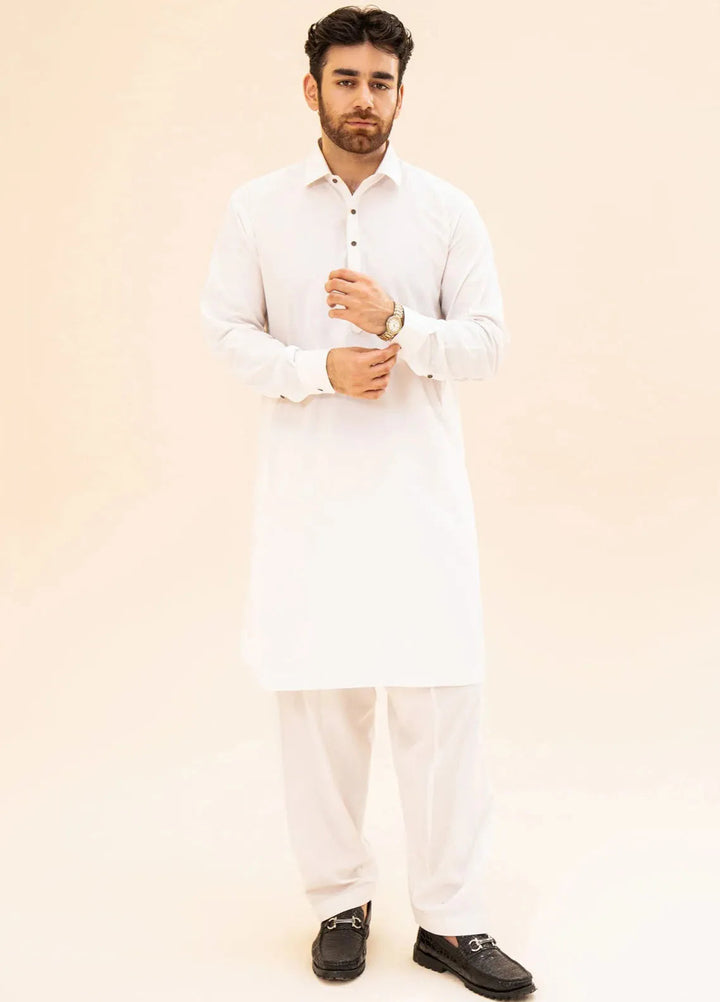 Muraqsh Blended Plain Mens Shalwar Kameez - Off White French Collar