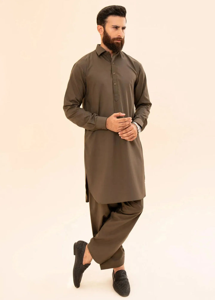 Muraqsh Blended Plain Mens Shalwar Kameez - Olive Green French Collar