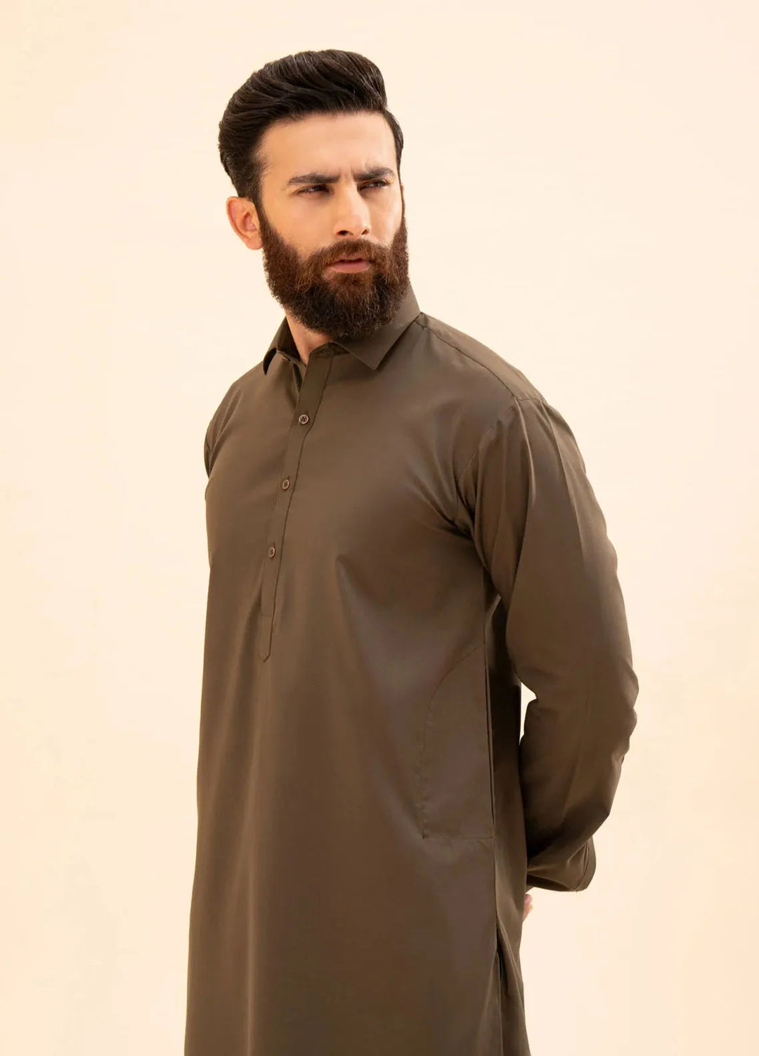 Muraqsh Blended Plain Mens Shalwar Kameez - Olive Green French Collar