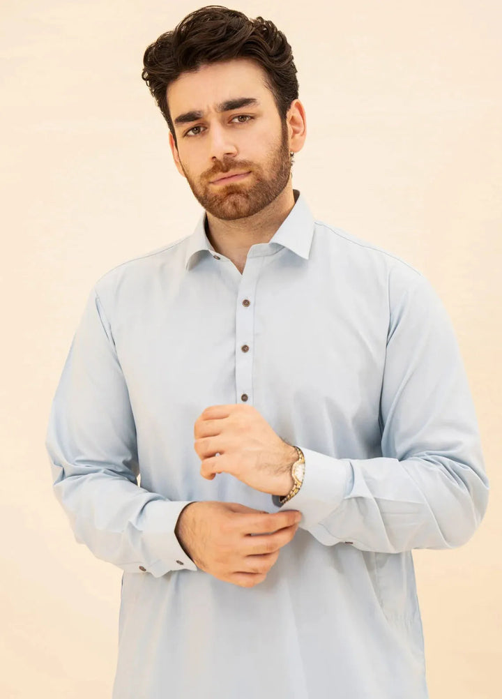 Muraqsh Blended Plain Mens Shalwar Kameez - Sky Blue French Collar