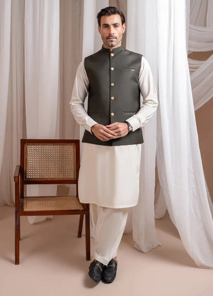 Muraqsh Bosky White Kurta Shalwar with Army Green Suiting Waistcoat Straight Cut