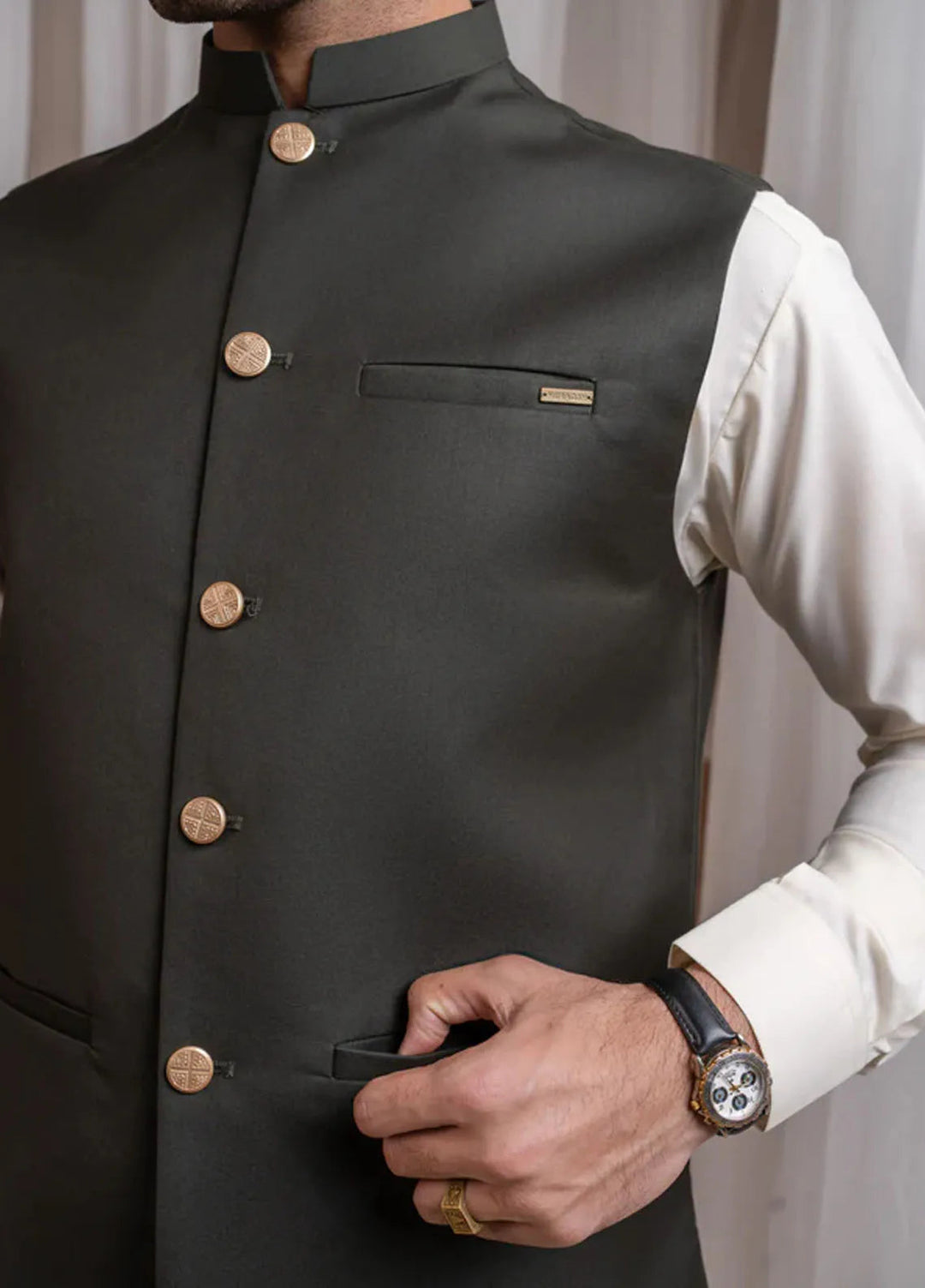 Muraqsh Bosky White Kurta Shalwar with Army Green Suiting Waistcoat Straight Cut