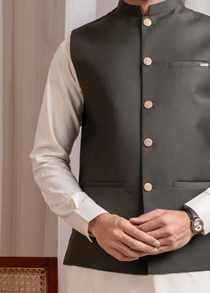 Muraqsh Bosky White Kurta Shalwar with Army Green Suiting Waistcoat Straight Cut
