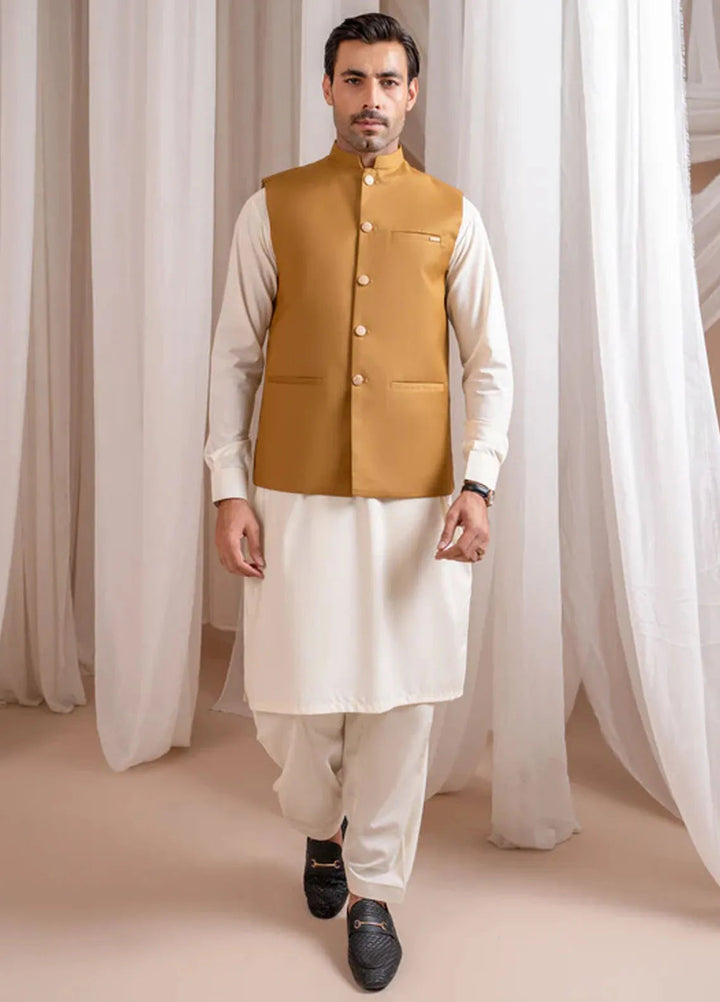 Muraqsh Bosky White Kurta Shalwar with Camel Suiting Waistcoat Straight Cut