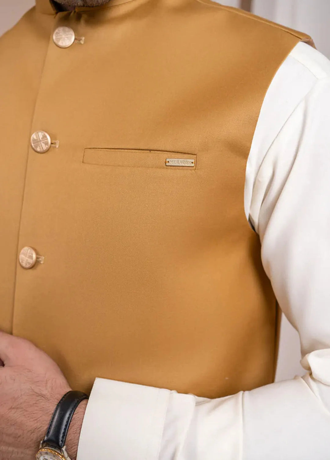 Muraqsh Bosky White Kurta Shalwar with Camel Suiting Waistcoat Straight Cut