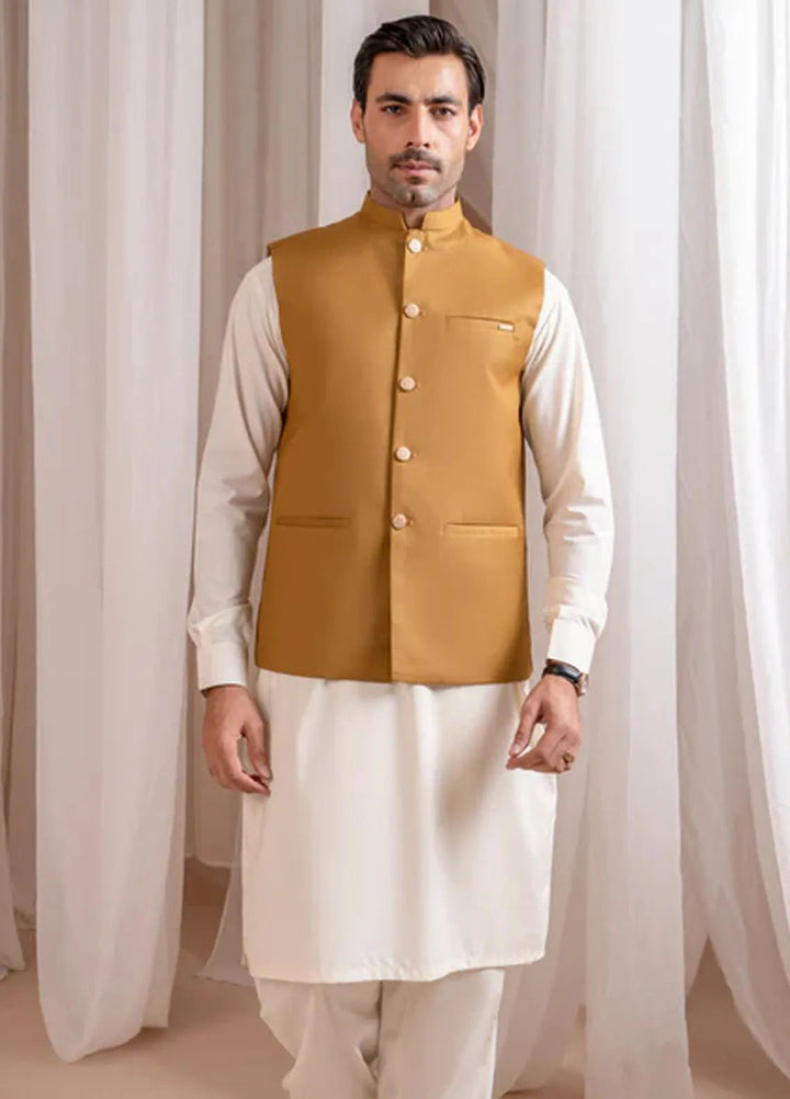 Muraqsh Bosky White Kurta Shalwar with Camel Suiting Waistcoat Straight Cut