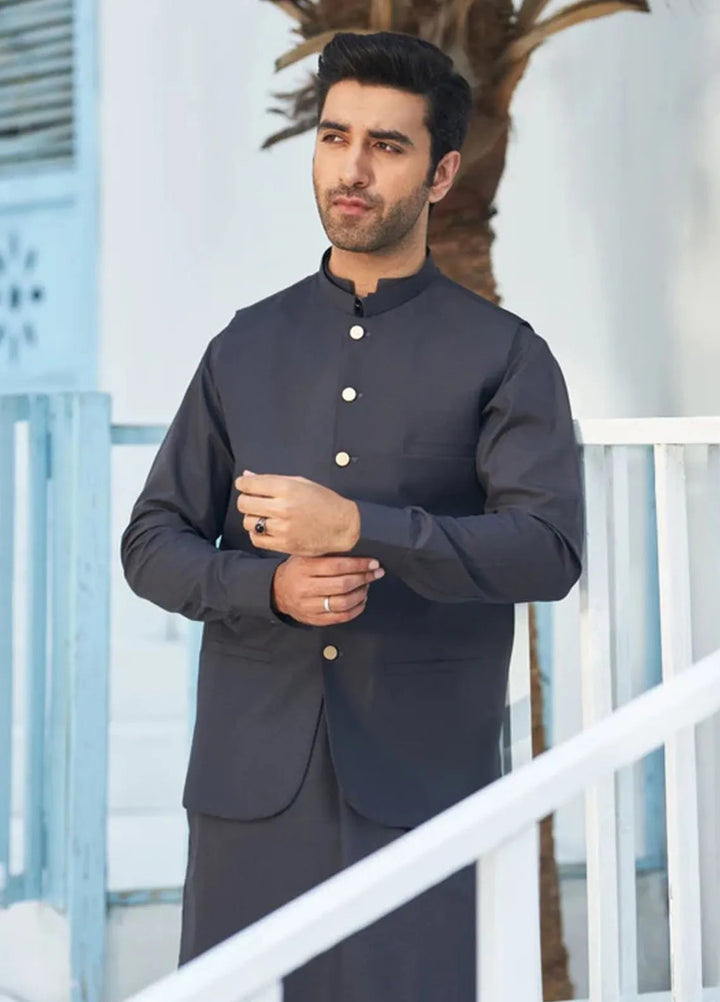 Muraqsh Charcoal Grey Kameez Shalwar with Suiting Waistcoat Round Cut