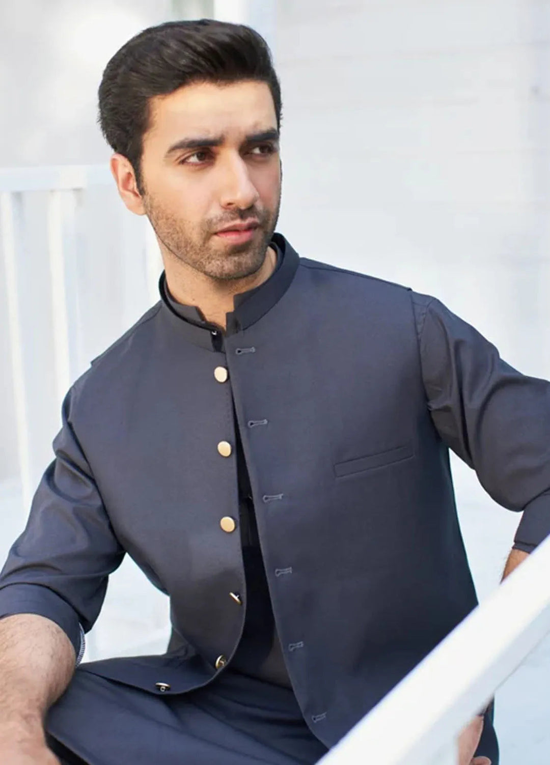 Muraqsh Charcoal Grey Kameez Shalwar with Suiting Waistcoat Round Cut