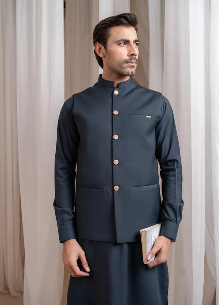 Muraqsh Charcoal Grey Kurta Shalwar with Suiting Waistcoat Straight Cut