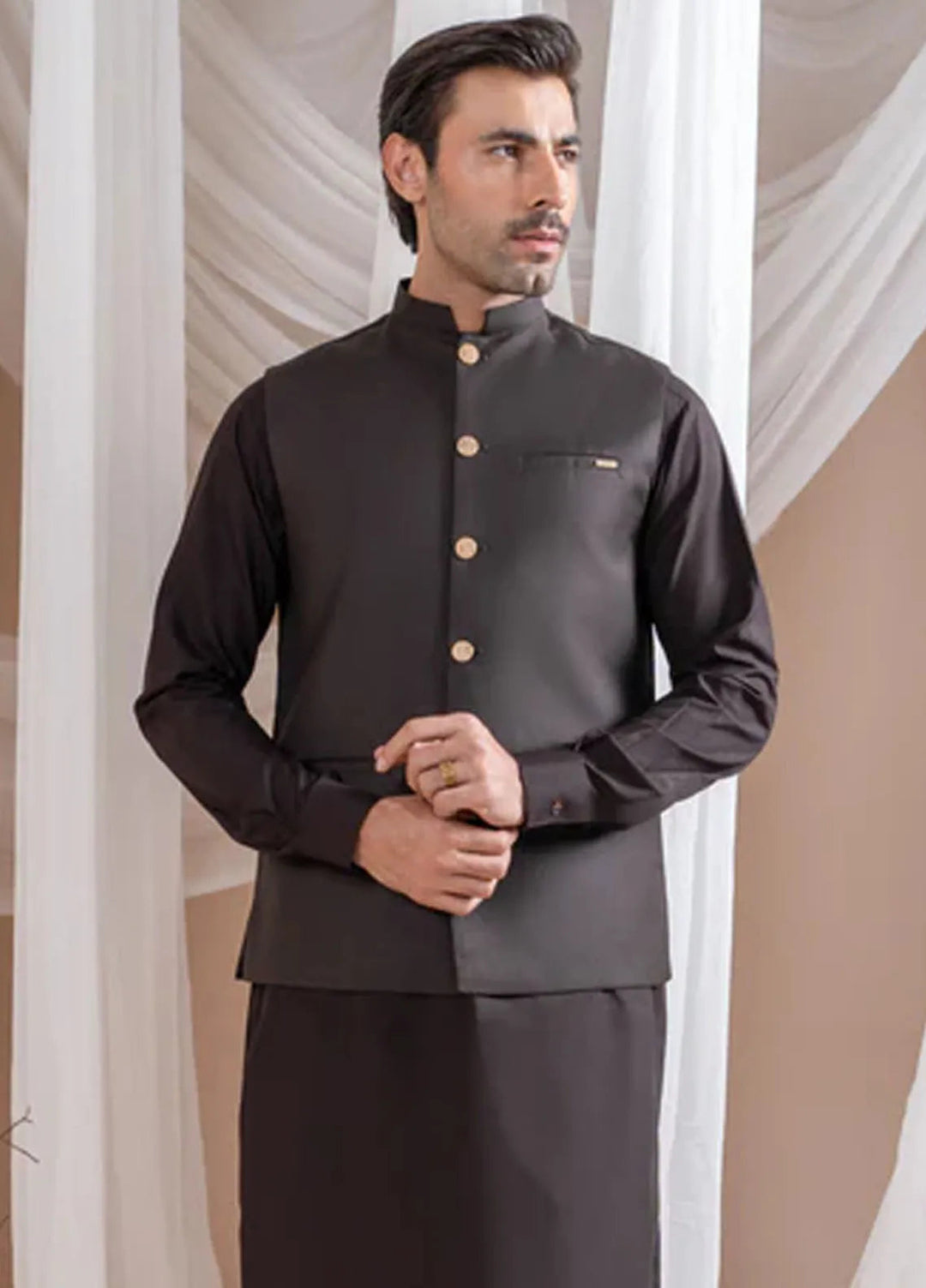 Muraqsh Dark Brown Kurta Shalwar with Suiting Waistcoat Straight Cut