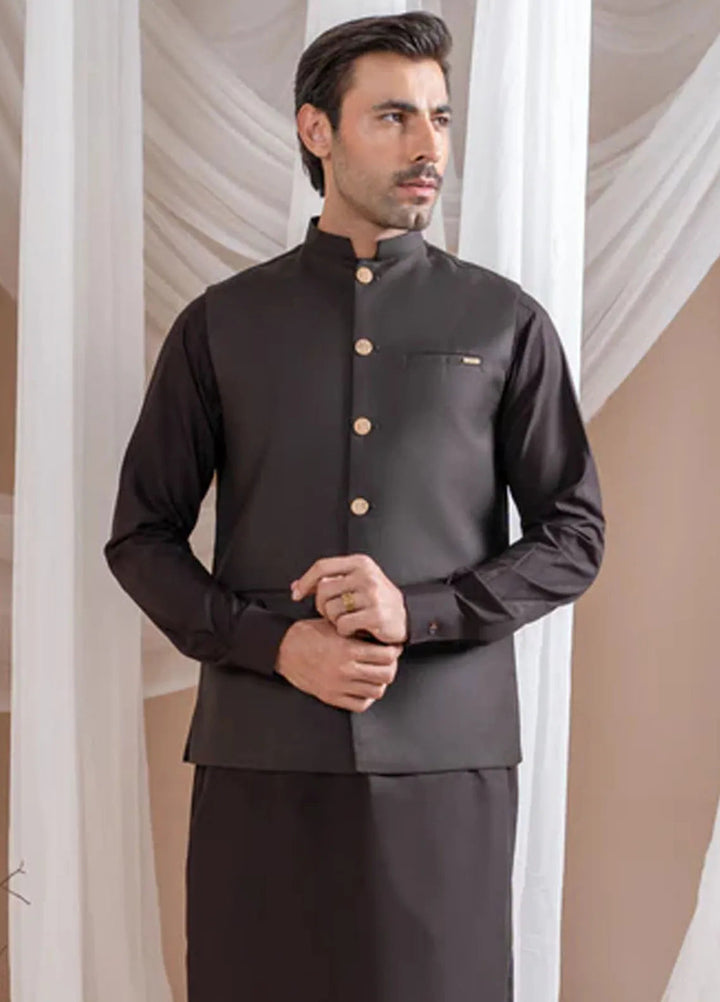 Muraqsh Dark Brown Kurta Shalwar with Suiting Waistcoat Straight Cut