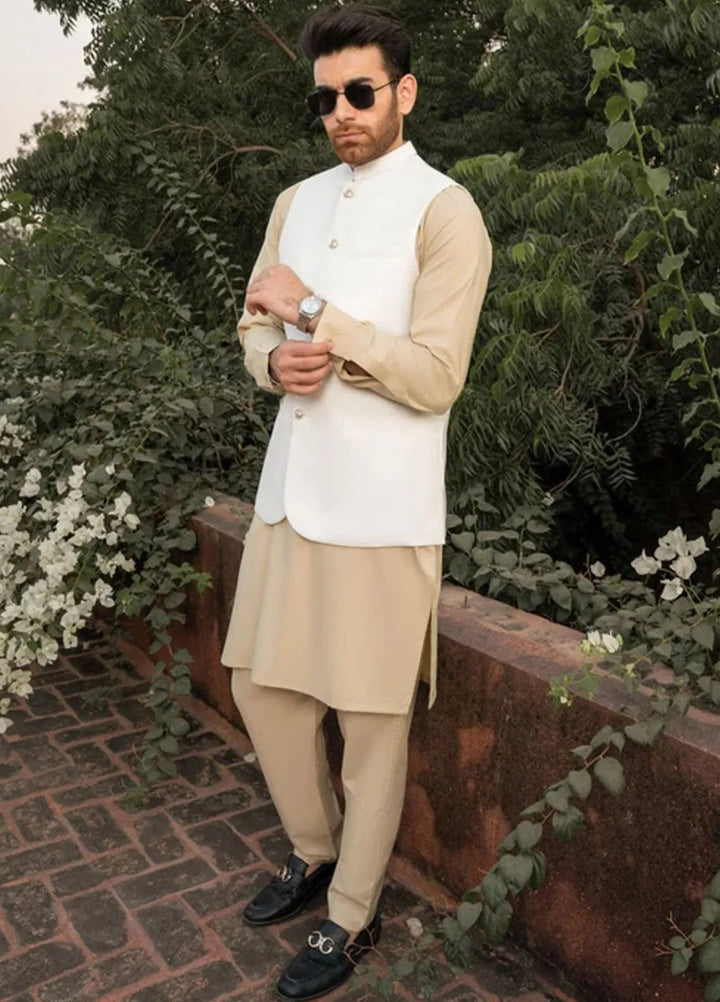 Muraqsh Ivory Kameez Shalwar with Off White Suiting Waistcoat Round Cut