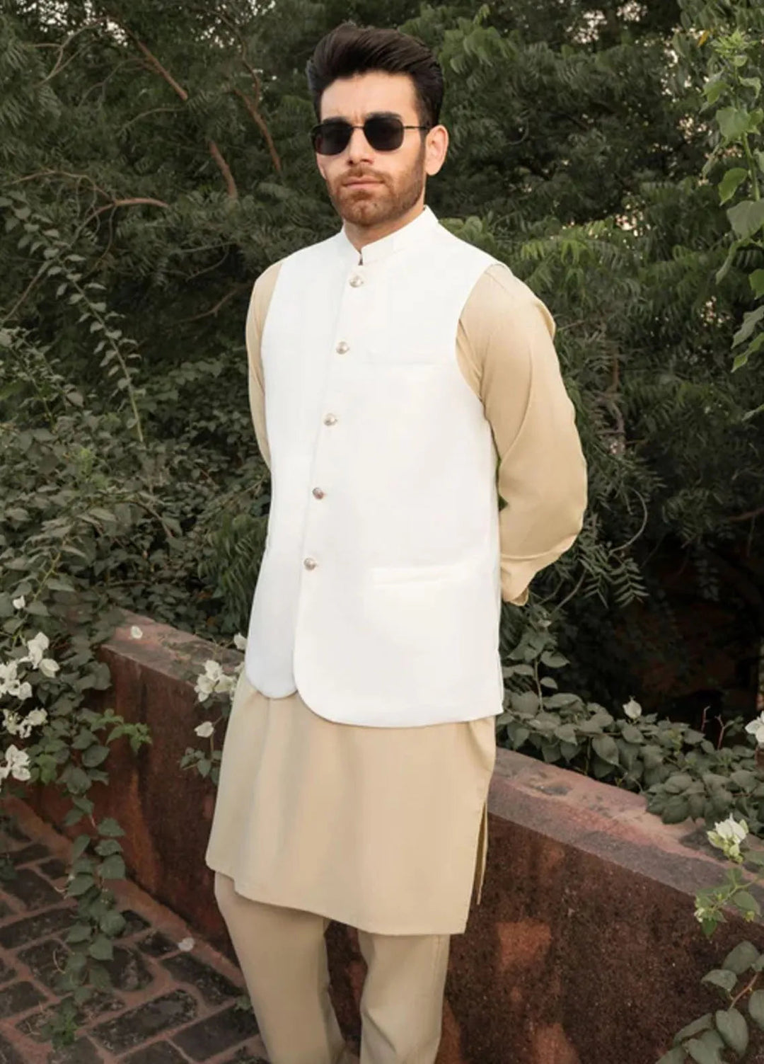Muraqsh Ivory Kameez Shalwar with Off White Suiting Waistcoat Round Cut