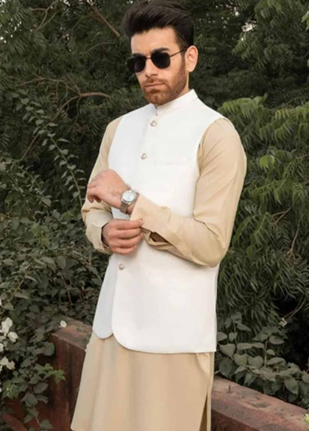 Muraqsh Ivory Kameez Shalwar with Off White Suiting Waistcoat Round Cut