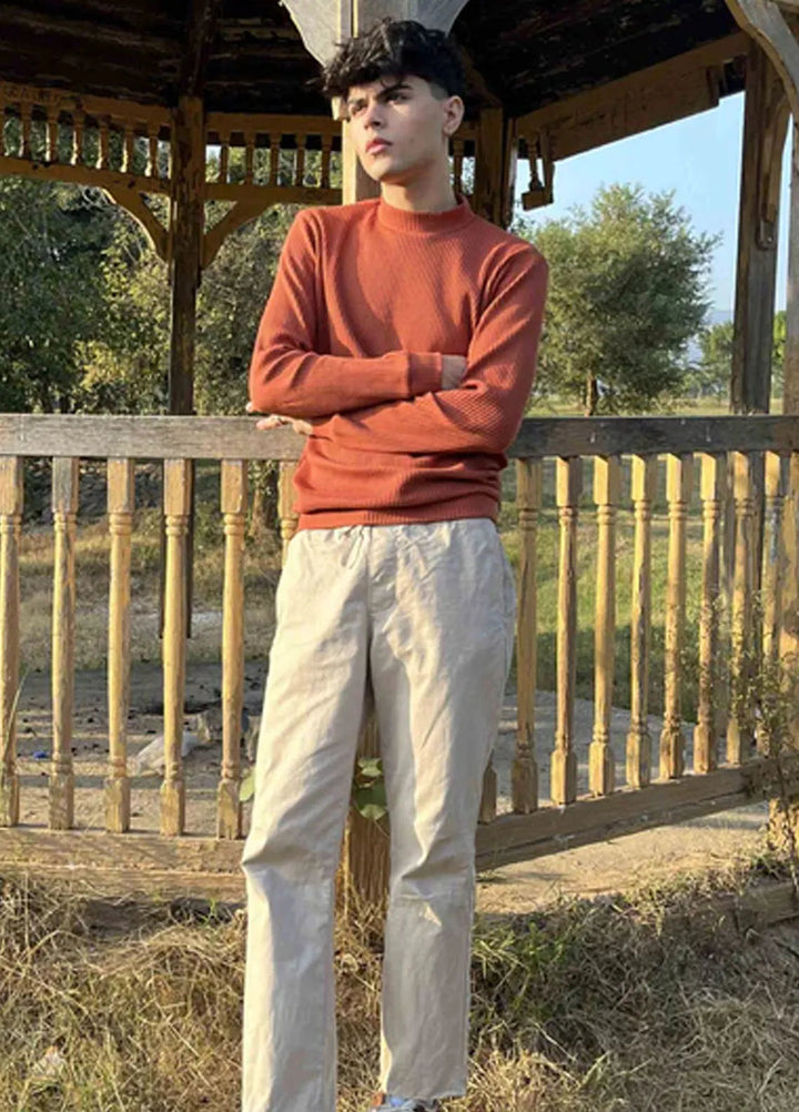 Muraqsh Mens Orange Rust Drop Needle Mock Neck