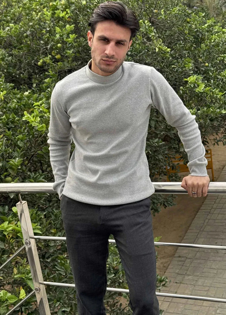 Muraqsh Mens Ribbed Grey Mock Neck