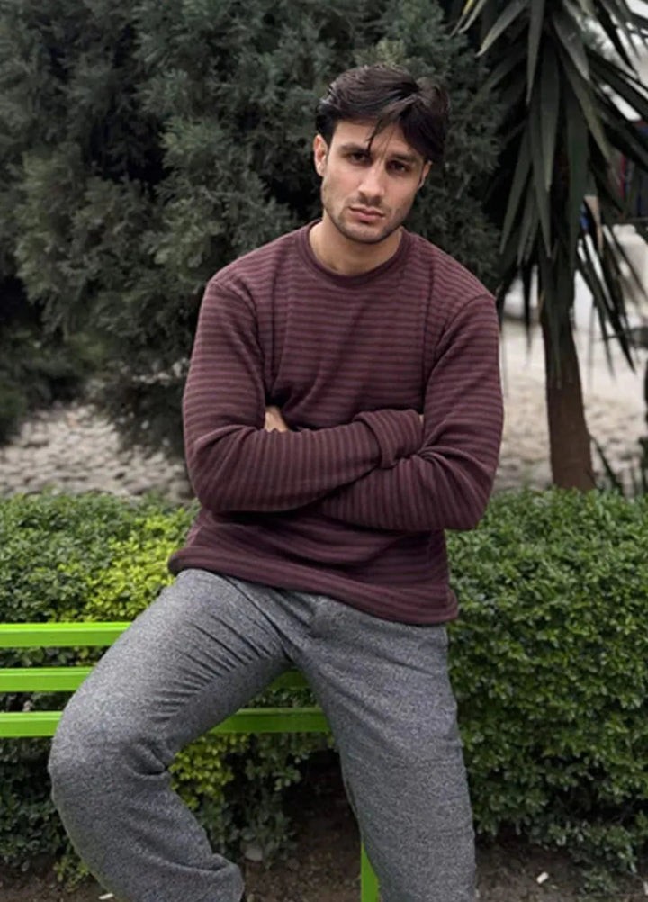 Muraqsh Mens Waffle Burgundy Striped Sweat Shirt