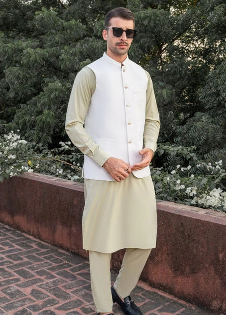 Muraqsh Mint Kameez Shalwar with Off White Suiting Waistcoat Round Cut