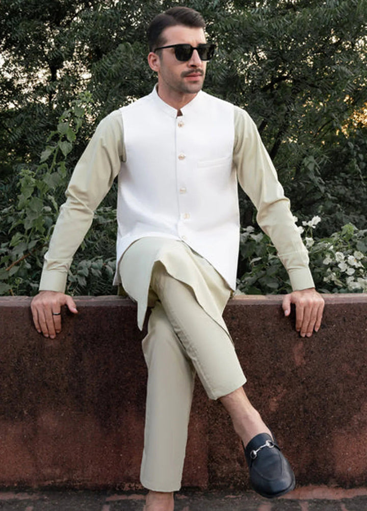 Muraqsh Mint Kameez Shalwar with Off White Suiting Waistcoat Round Cut
