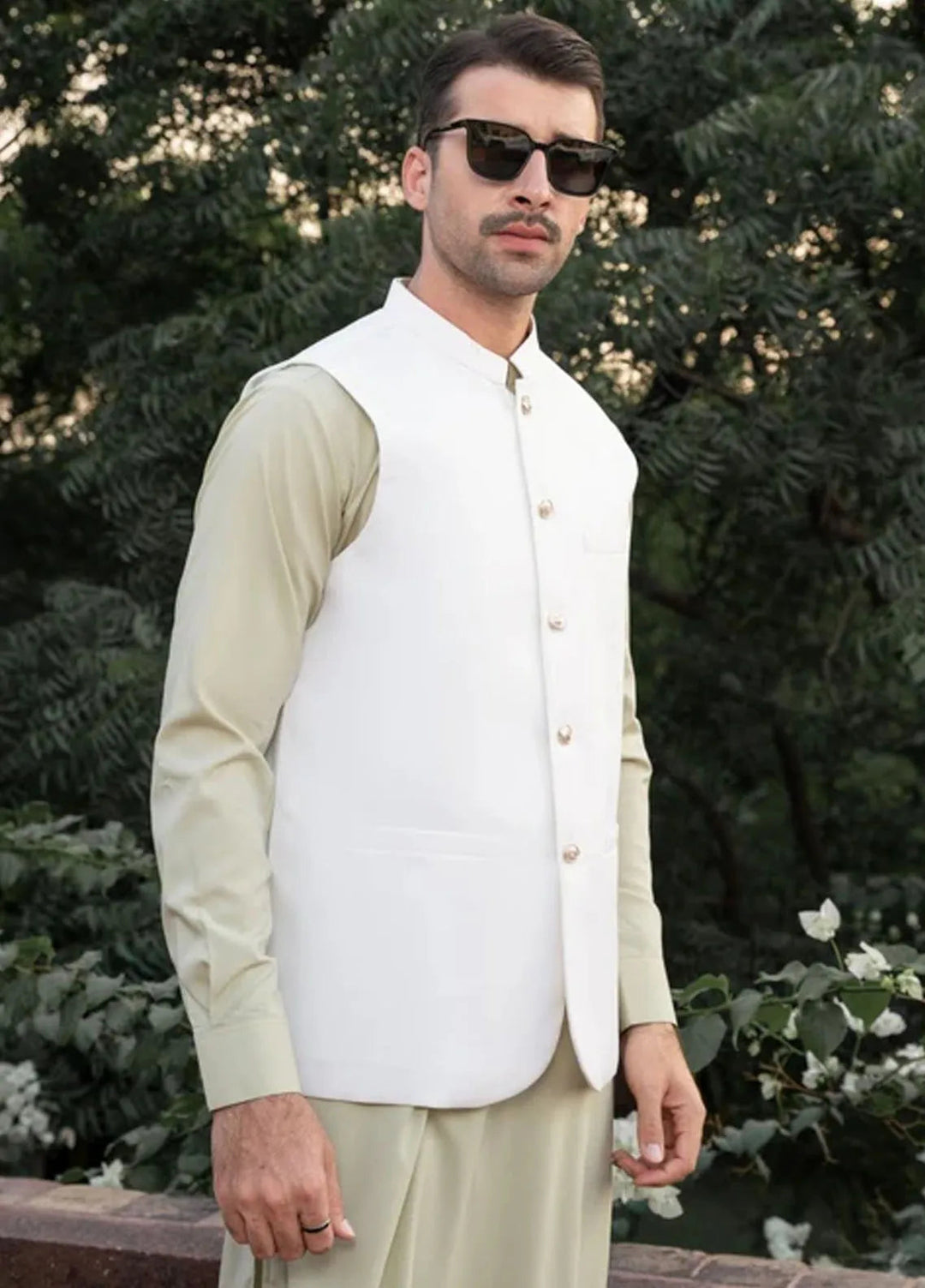Muraqsh Mint Kameez Shalwar with Off White Suiting Waistcoat Round Cut