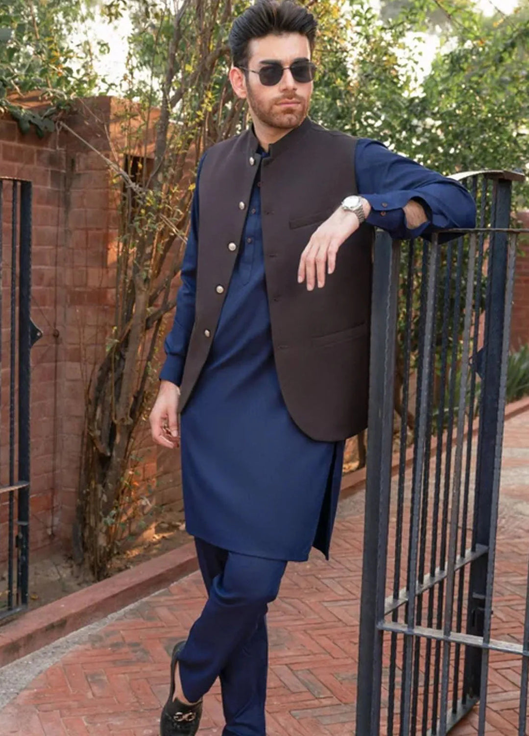 Muraqsh Navy Blue Kameez Shalwar with Brown Suiting Waistcoat Round Cut