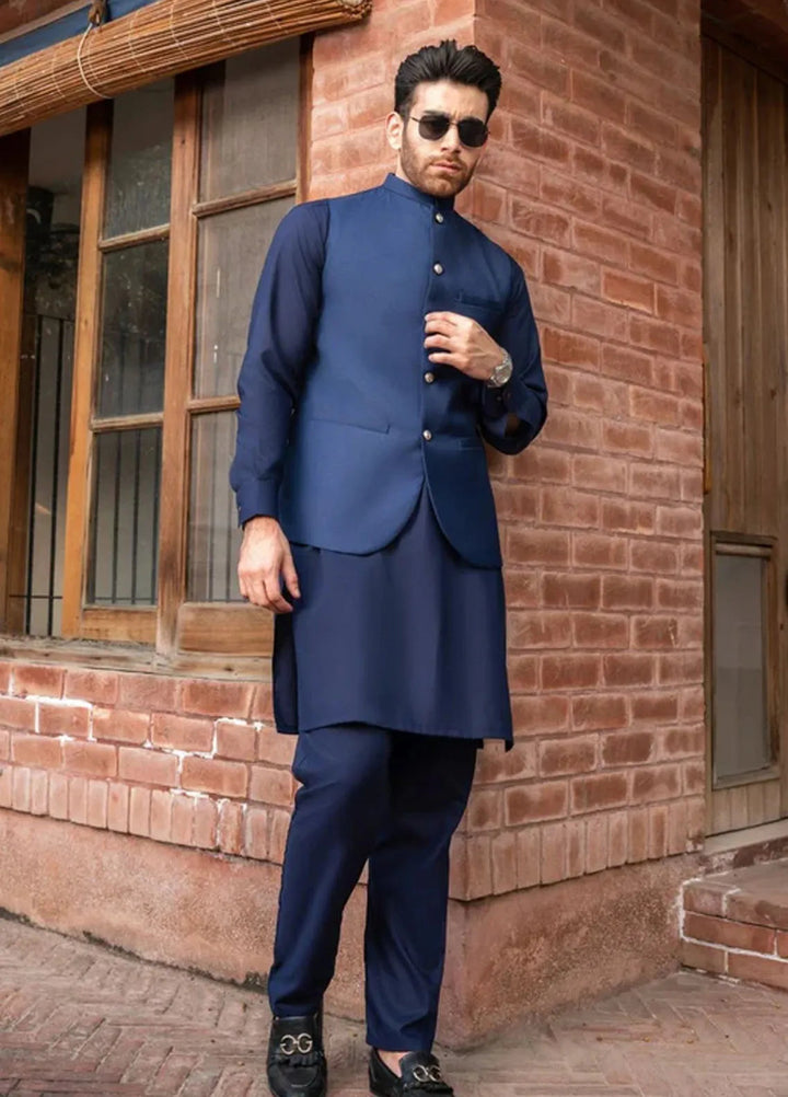 Muraqsh Navy Blue Kameez Shalwar with Suiting Waistcoat Round Cut