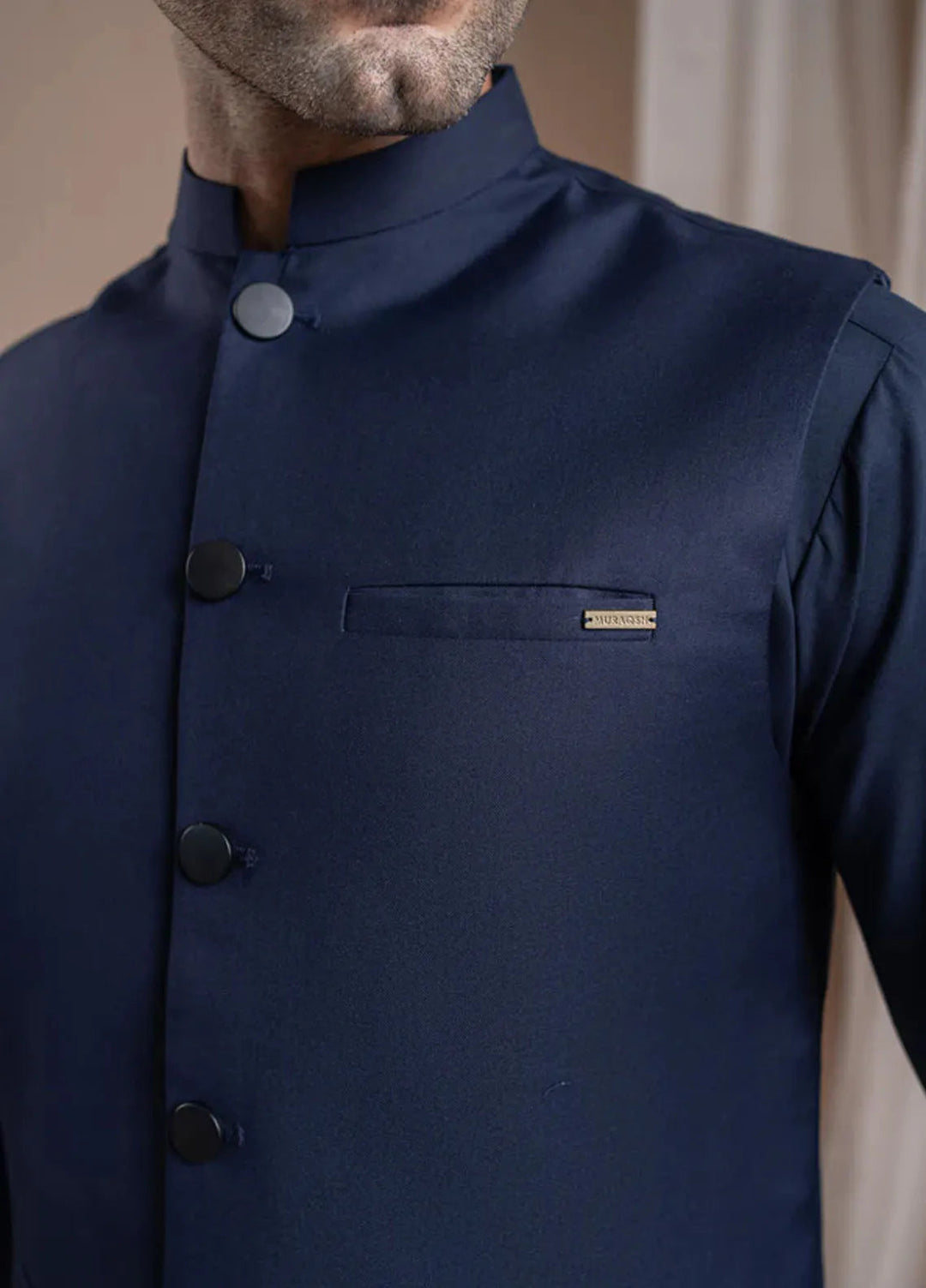 Muraqsh Navy Blue Kurta Shalwar with Suiting Waistcoat Straight Cut