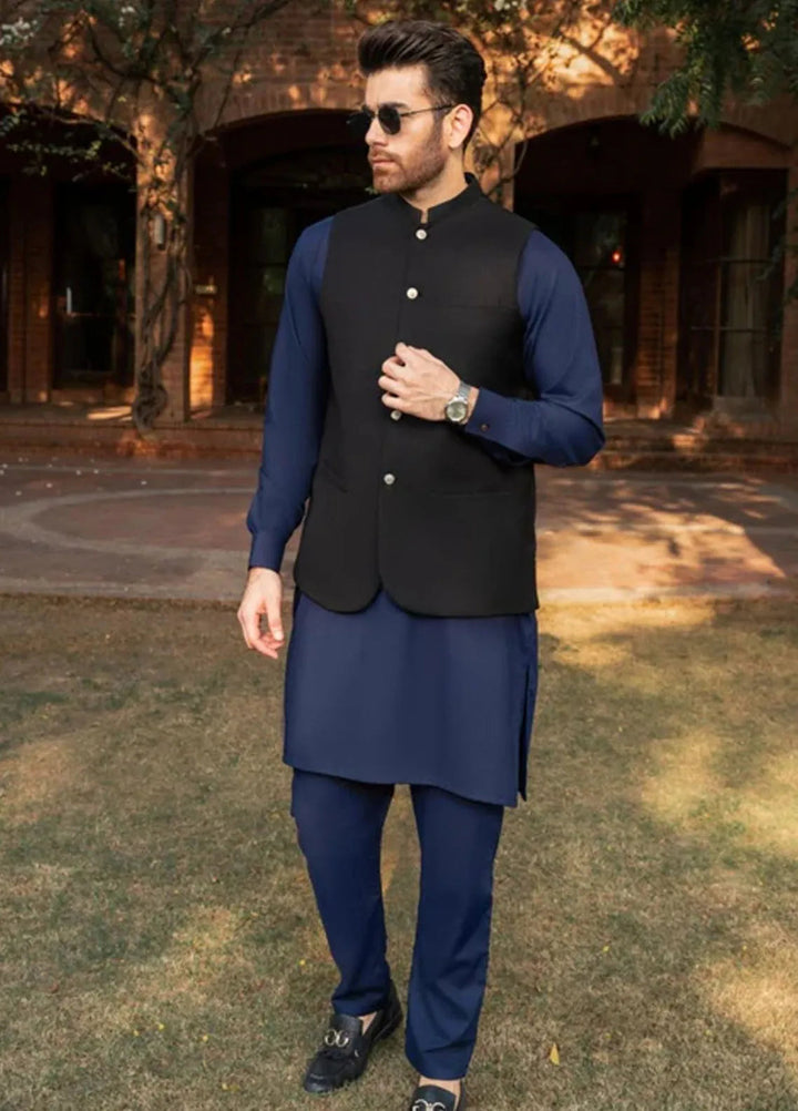 Muraqsh Navy Blue Kurta Trouser with Black Suiting Waistcoat Round Cut