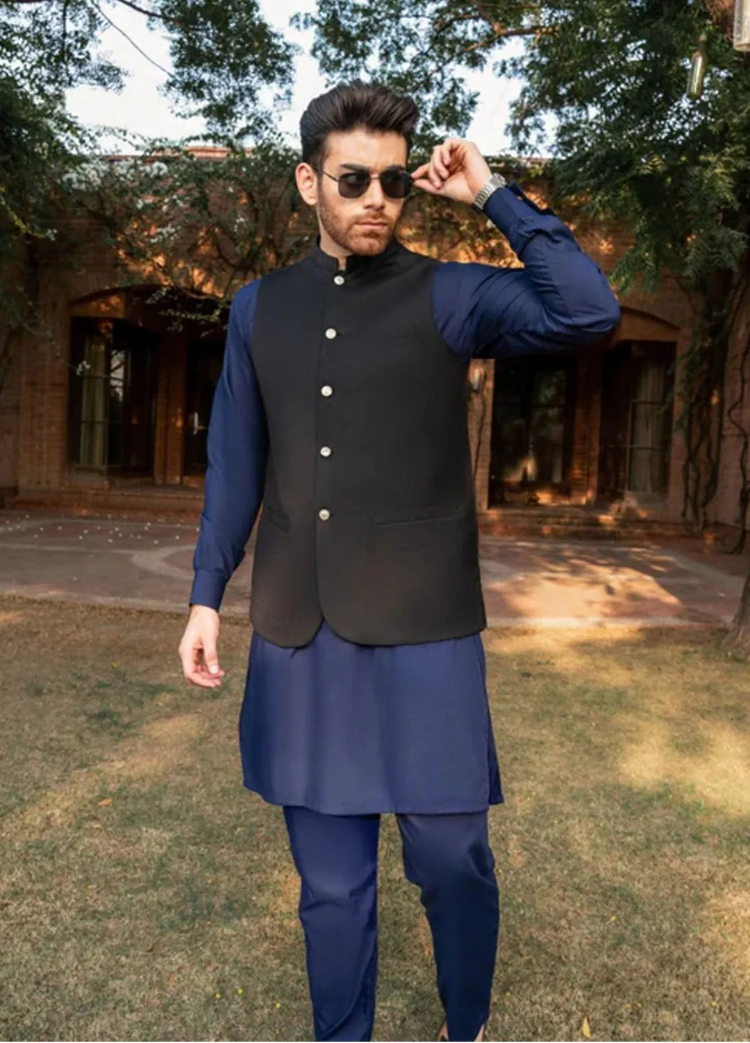 Muraqsh Navy Blue Kurta Trouser with Black Suiting Waistcoat Round Cut