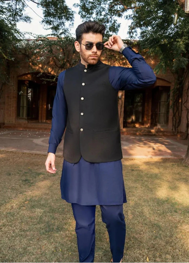 Muraqsh Navy Blue Kurta Trouser with Black Suiting Waistcoat Round Cut