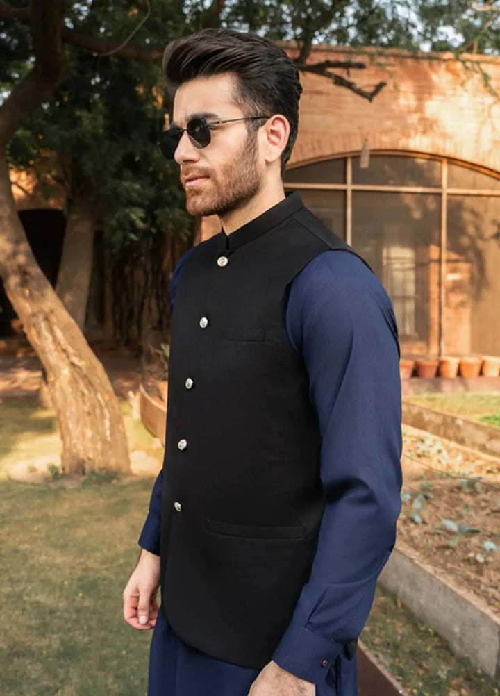 Muraqsh Navy Blue Kurta Trouser with Black Suiting Waistcoat Round Cut