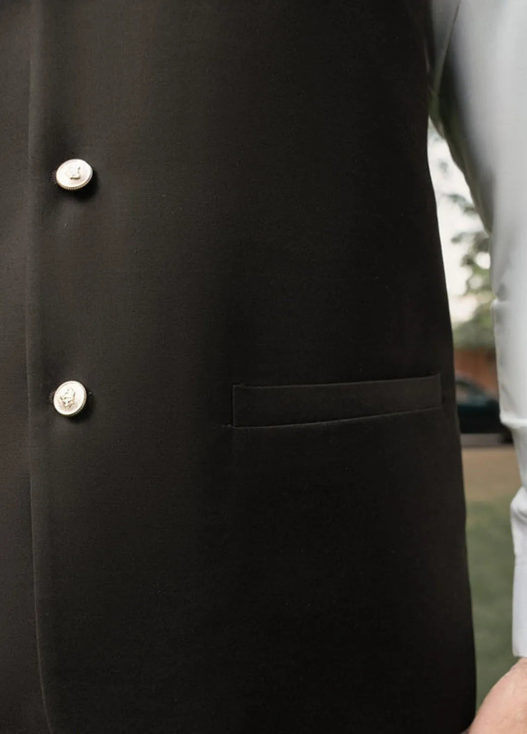 Muraqsh Off White Kameez Shalwar with Brown Suiting Waistcoat Round Cut