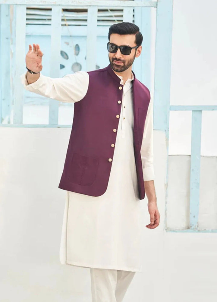 Muraqsh Off White Kameez Shalwar with Burgundy Suiting Waistcoat Round Cut