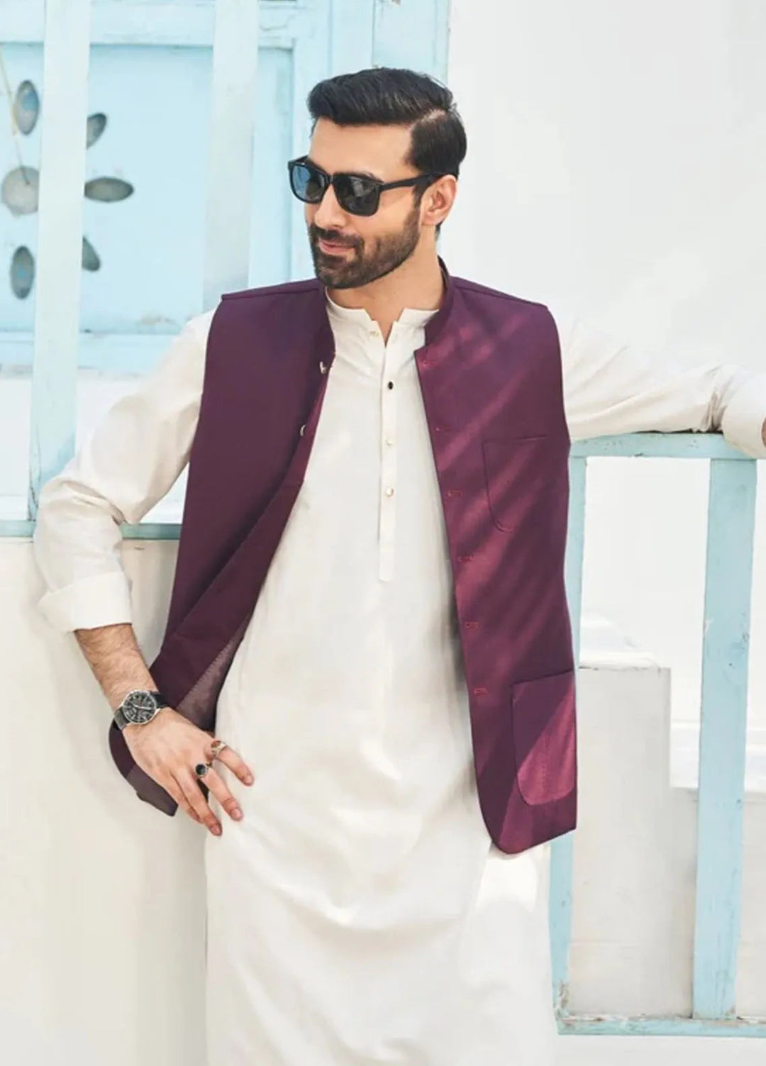 Muraqsh Off White Kameez Shalwar with Burgundy Suiting Waistcoat Round Cut