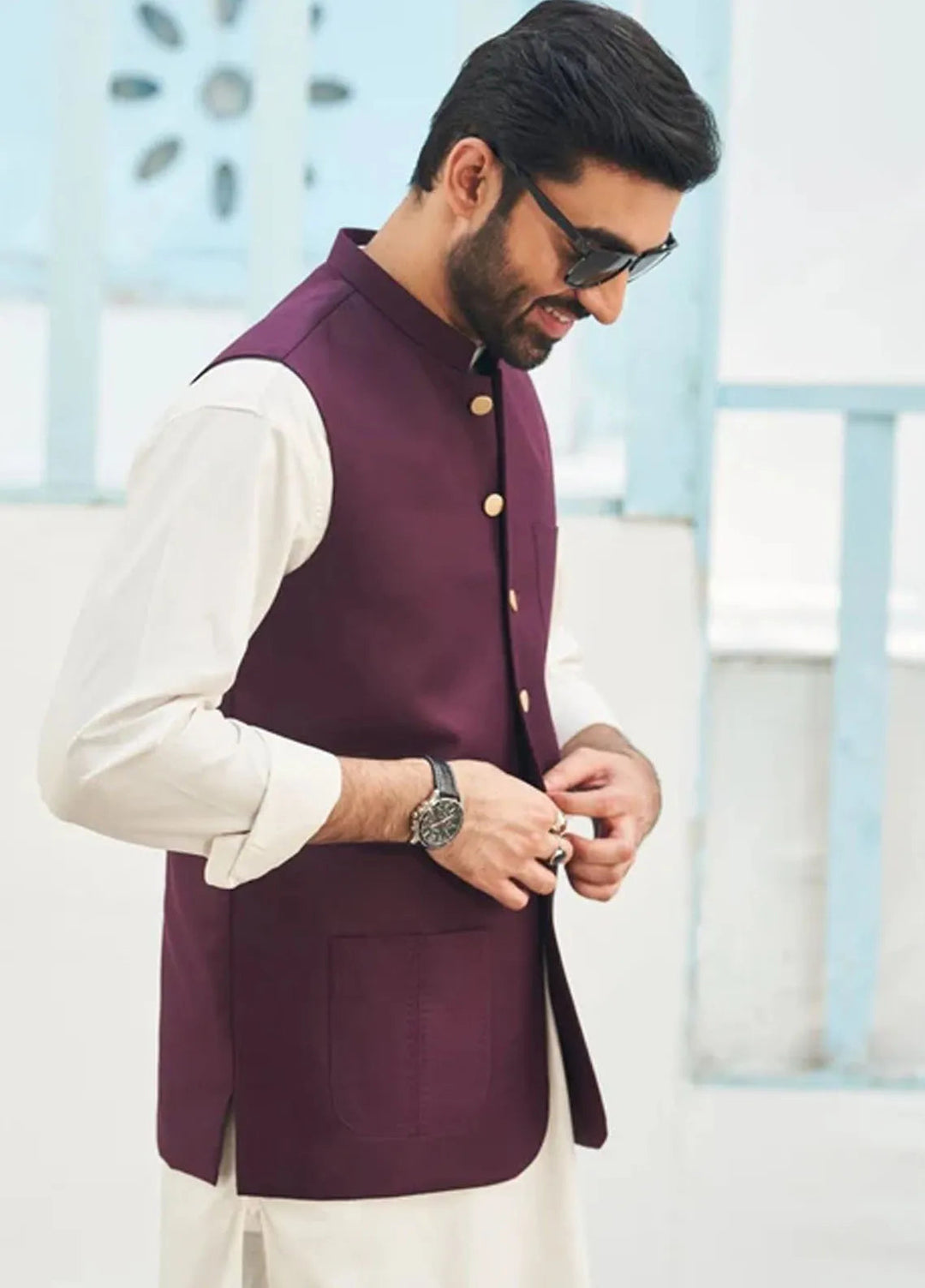 Muraqsh Off White Kameez Shalwar with Burgundy Suiting Waistcoat Round Cut