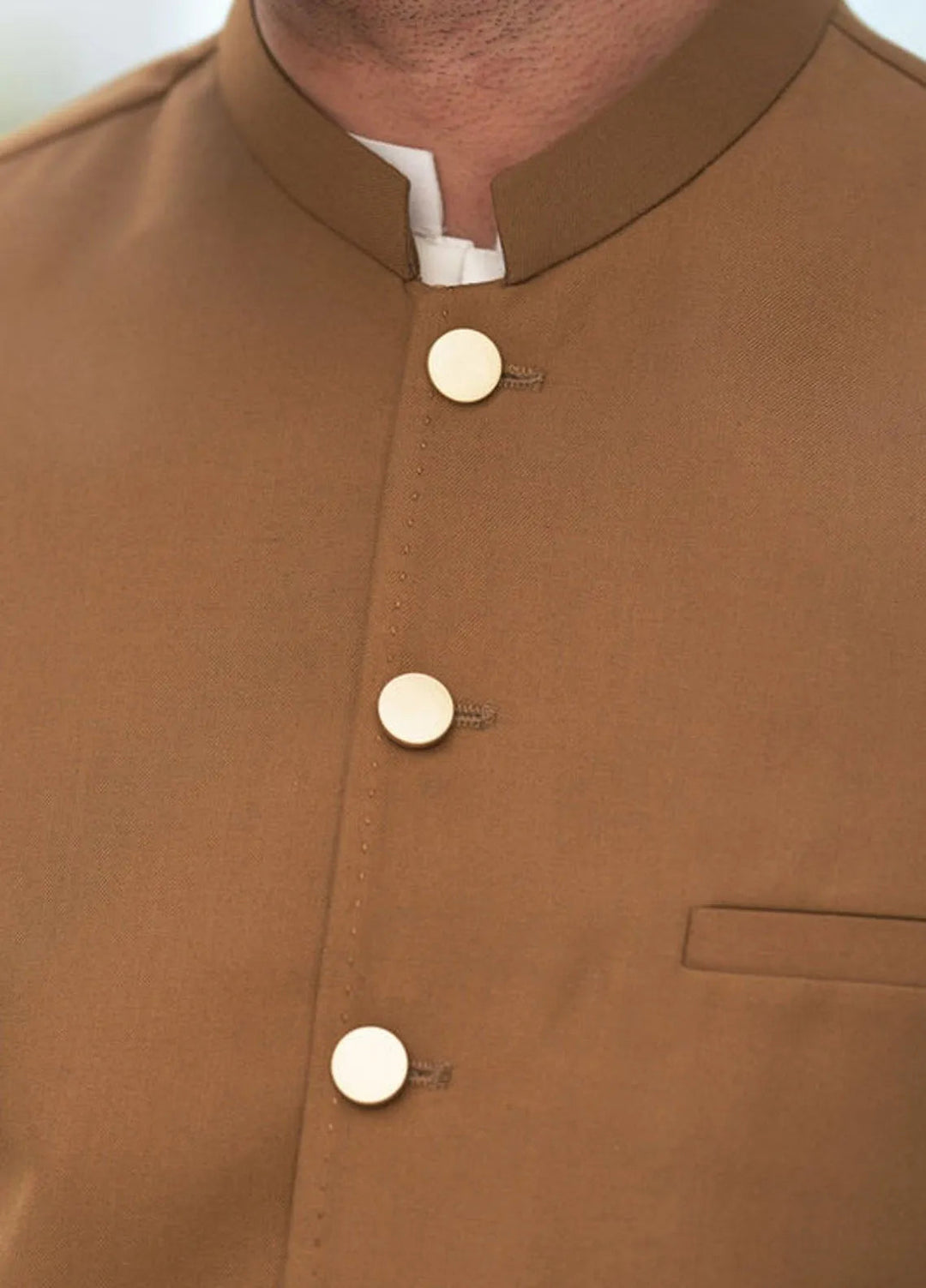 Muraqsh Off White Kameez Shalwar with Camel Suiting Waistcoat Round Cut