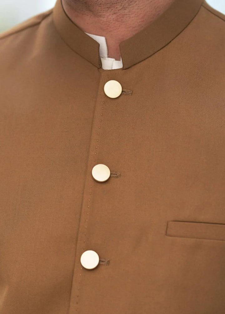 Muraqsh Off White Kameez Shalwar with Camel Suiting Waistcoat Round Cut