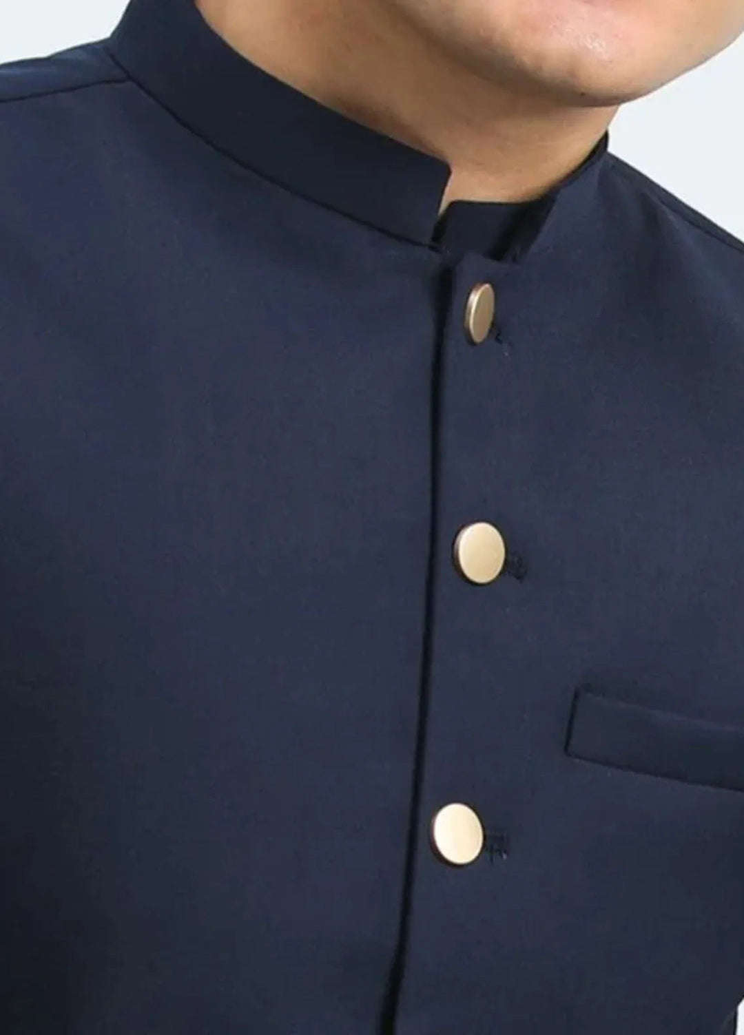 Muraqsh Off White Kameez Shalwar with Navy Blue Suiting Waistcoat Round Cut